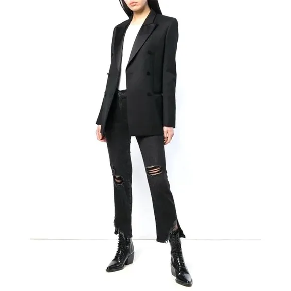 FRAME Black Denim Le High Straight Side Fray Jeans in Killington Size 26