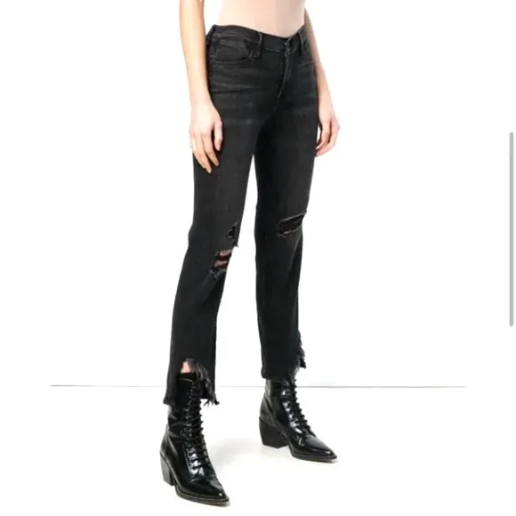 FRAME Black Denim Le High Straight Side Fray Jeans in Killington Size 26