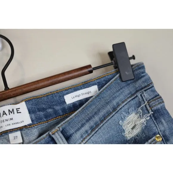 Frame Denim Womens Le Debs High Ripped Straight Jeans Size 27 Distressed Denim