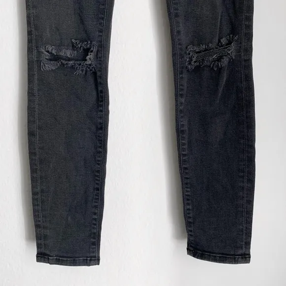 Frame Le Skinny De Jeanne Faded Black Gray Distressed Knee Slit Denim Jeans