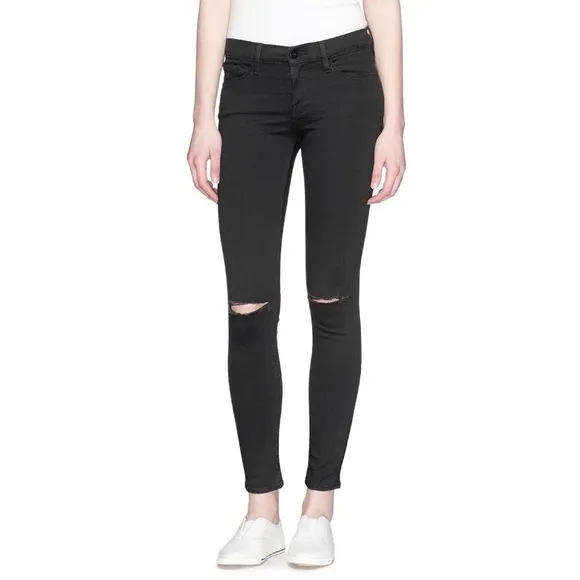Frame Le Skinny De Jeanne Faded Black Gray Distressed Knee Slit Denim Jeans
