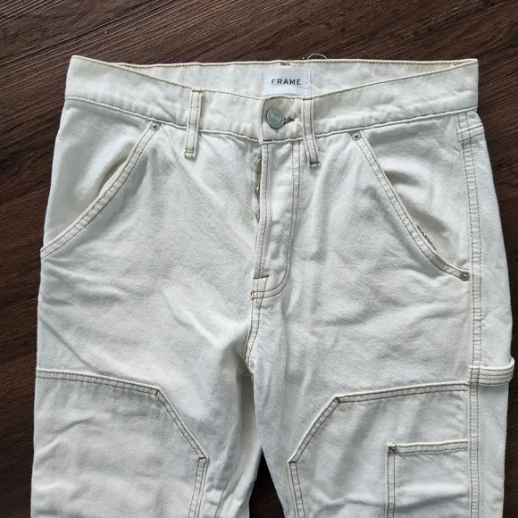 Frame Le Slouch Detailed Trim Straight Leg Jeans 26 Creamy White Denim Grunge