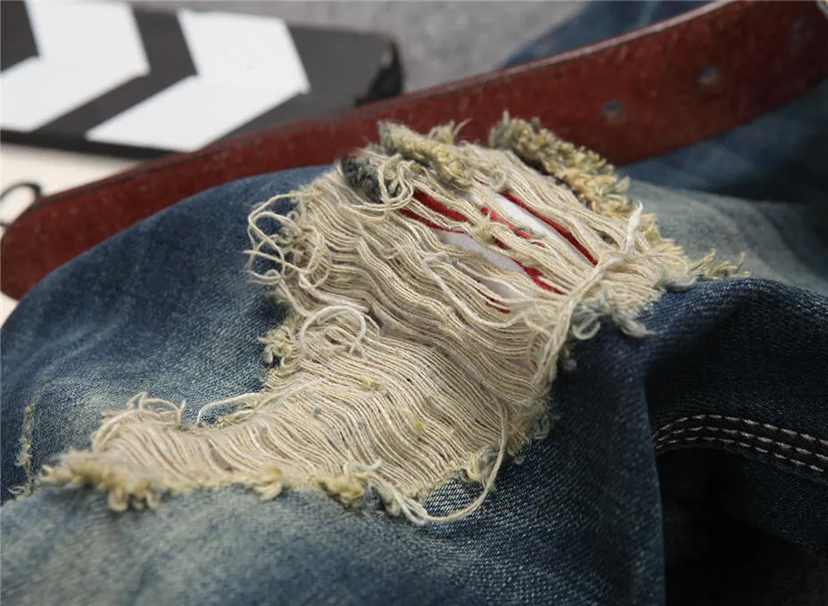 Frayed Mid Waist Jeans Men's Ripped Jeans Casual Straight Pants