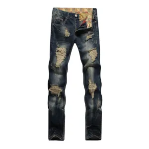 Frayed Mid Waist Jeans Men's Ripped Jeans Casual Straight Pants