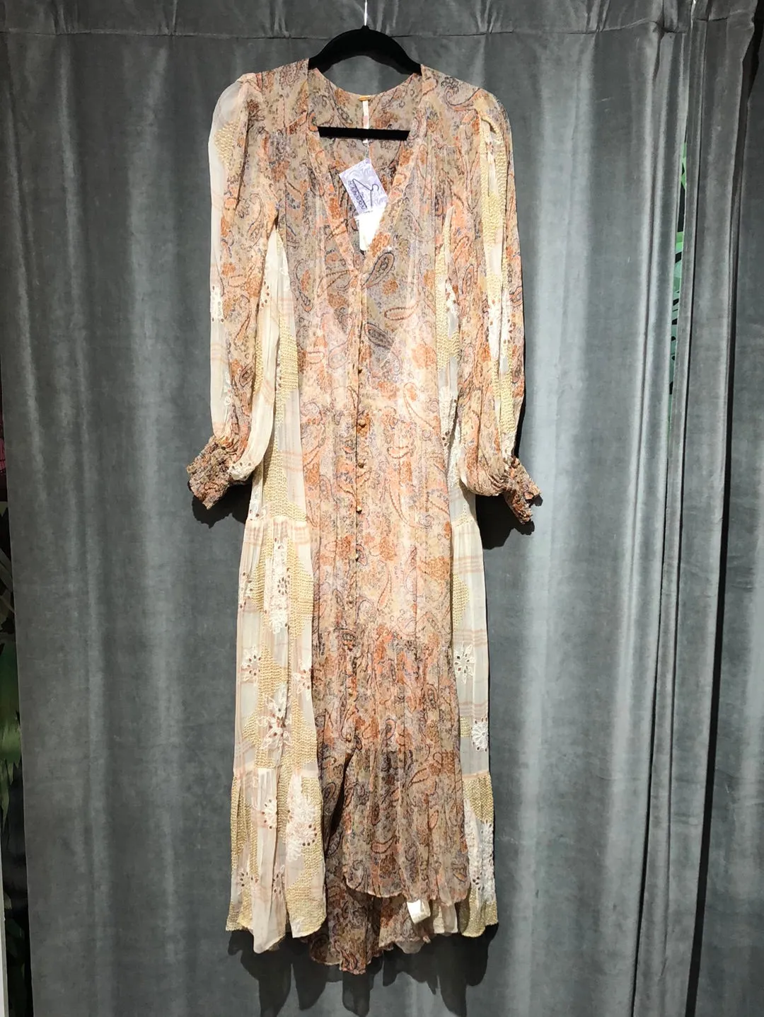 Free People Long Sleeve Paisley Print With Gold matalic side Maxi Dress