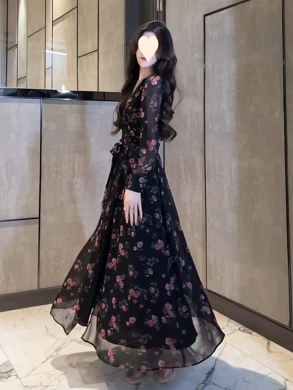 French Black floral Long Dresses Summer