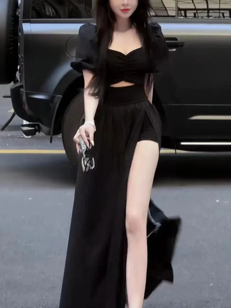 French Style Vintage Open Fork Long Dress Women Black Elegant Party Hollow Out Short Sleeve Dress