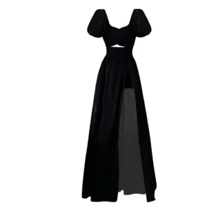 French Style Vintage Open Fork Long Dress Women Black Elegant Party Hollow Out Short Sleeve Dress