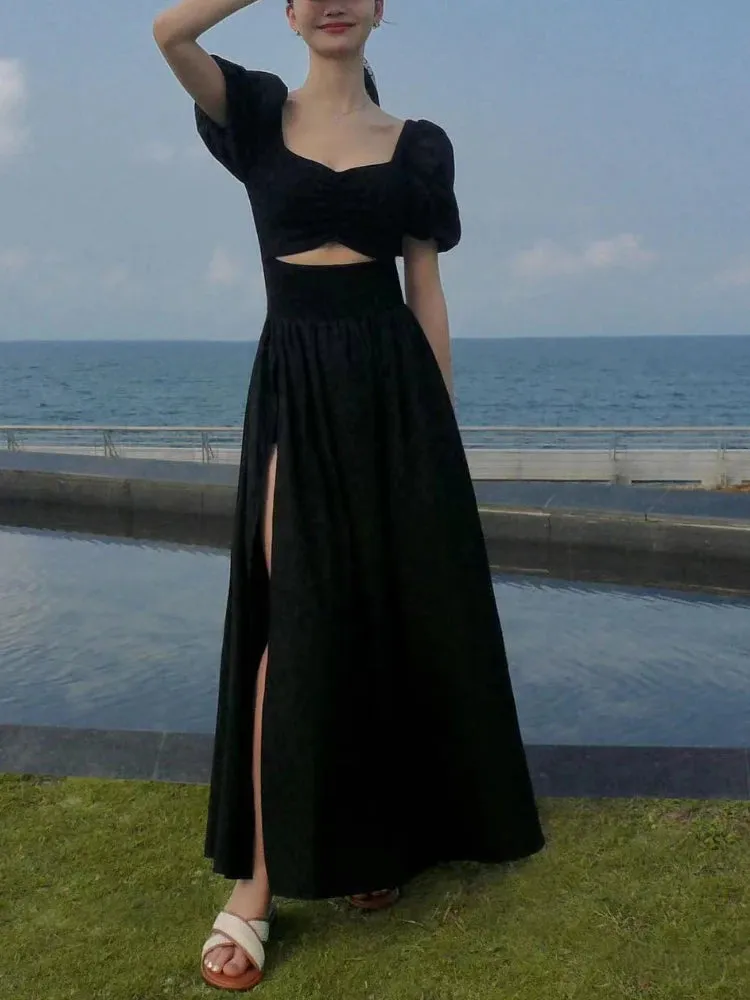 French Style Vintage Open Fork Long Dress Women Black Elegant Party Hollow Out Short Sleeve Dress