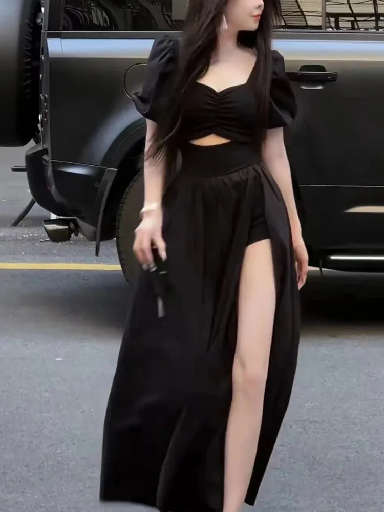 French Style Vintage Open Fork Long Dress Women Black Elegant Party Hollow Out Short Sleeve Dress