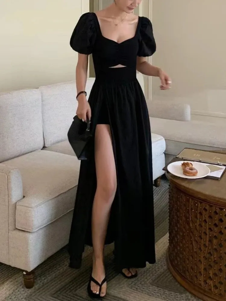 French Style Vintage Open Fork Long Dress Women Black Elegant Party Hollow Out Short Sleeve Dress