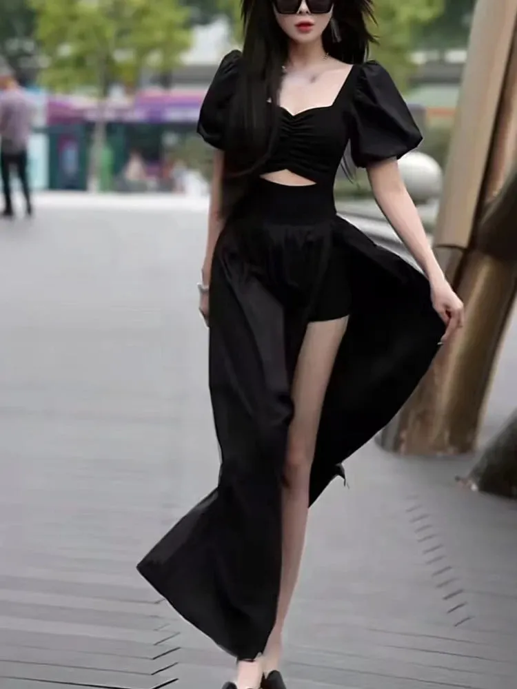 French Style Vintage Open Fork Long Dress Women Black Elegant Party Hollow Out Short Sleeve Dress