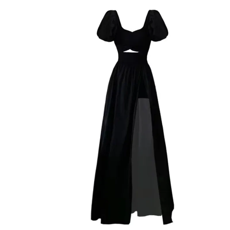 French Style Vintage Open Fork Long Dress Women Black Elegant Party Hollow Out Short Sleeve Dress