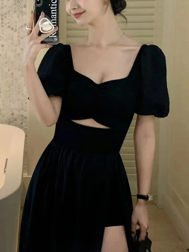 French Style Vintage Open Fork Long Dress Women Black Elegant Party Hollow Out Short Sleeve Dress