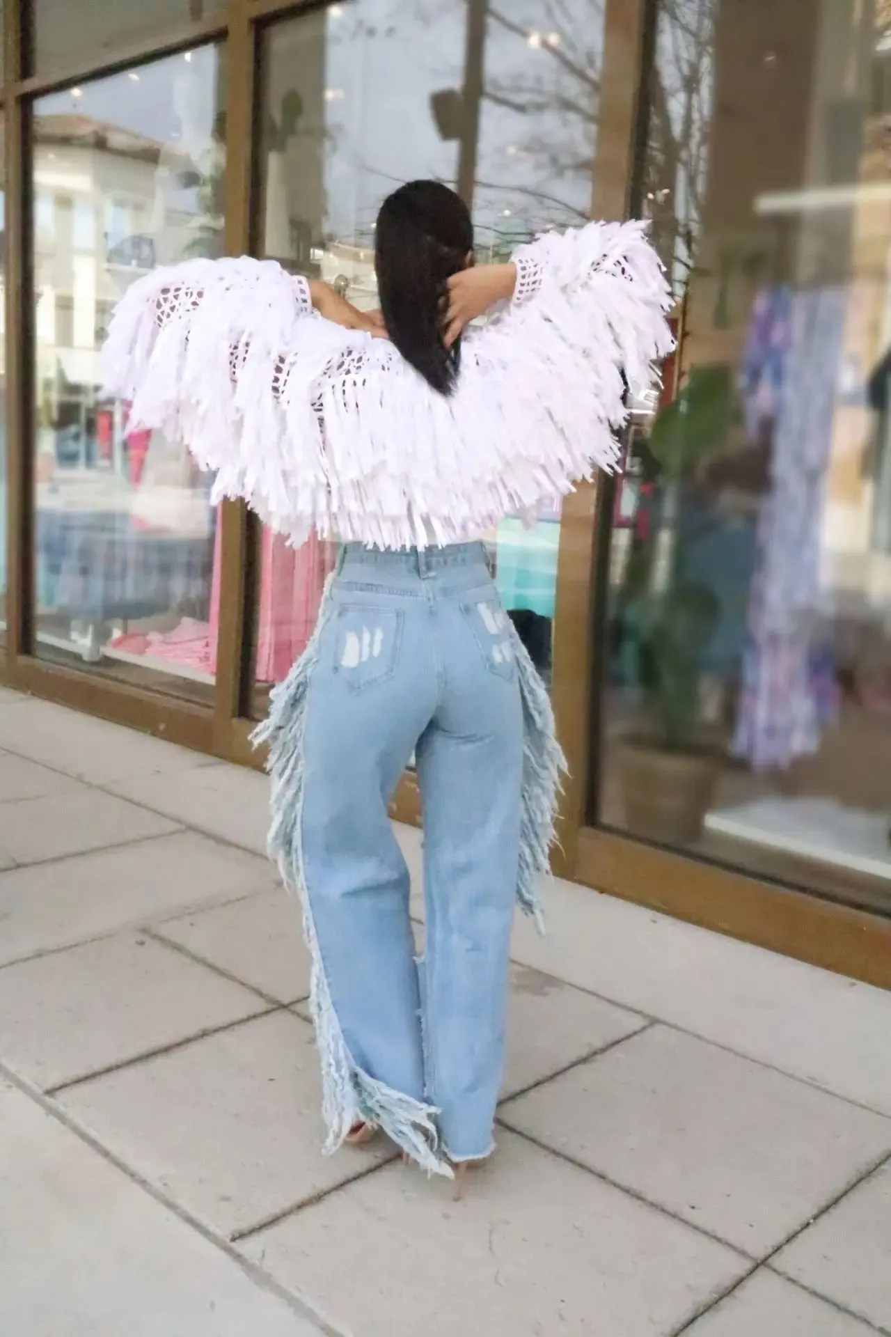 Fringe Wide Leg Ripped Denim Jeans
