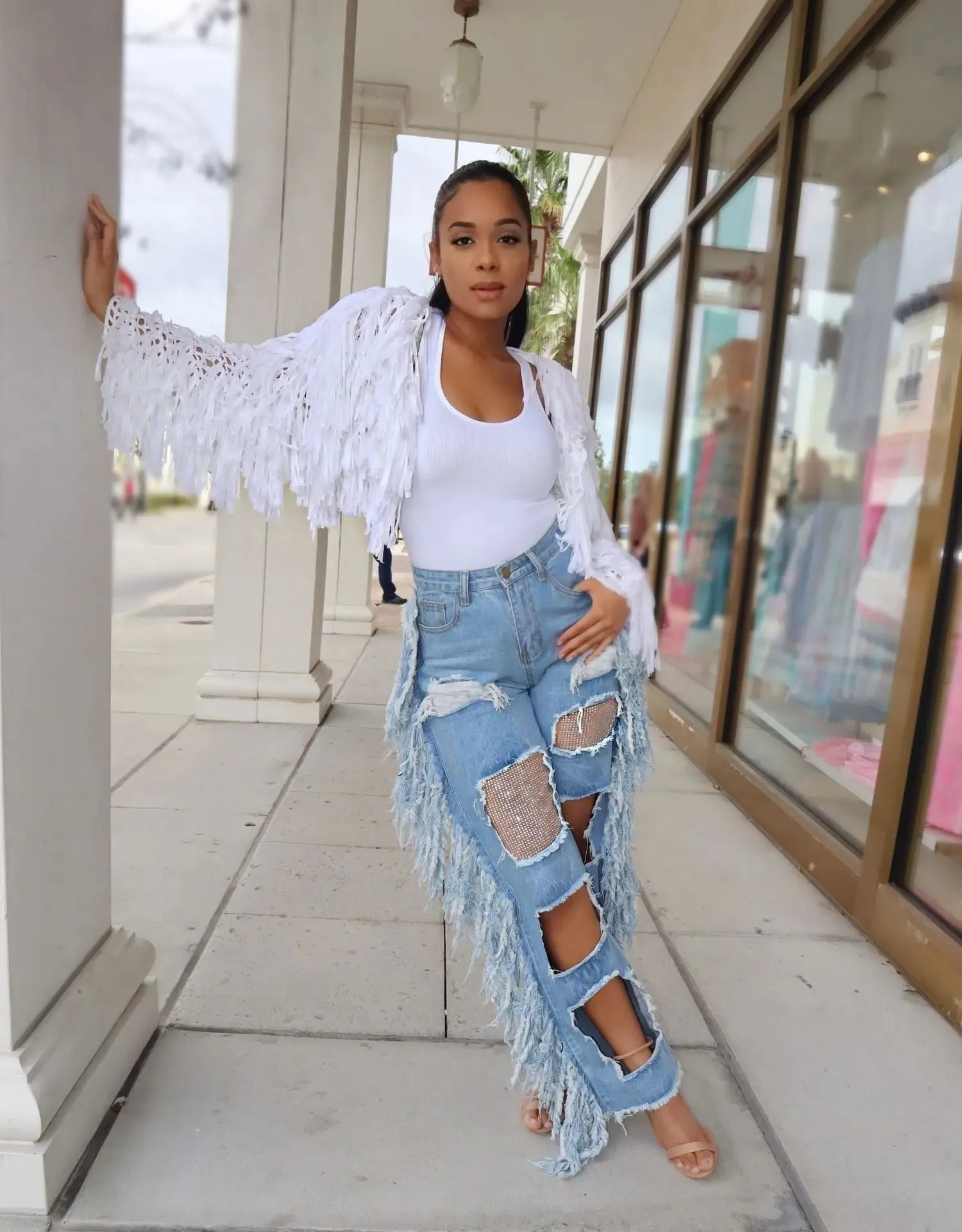 Fringe Wide Leg Ripped Denim Jeans