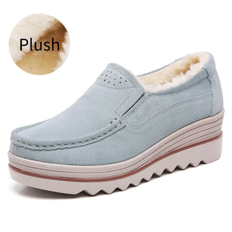 Fur Lining Genuine Leather Thick Sole Wedge Heel Loafers
