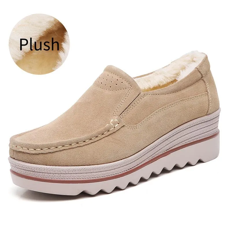 Fur Lining Genuine Leather Thick Sole Wedge Heel Loafers