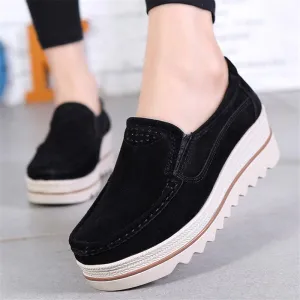 Fur Lining Genuine Leather Thick Sole Wedge Heel Loafers