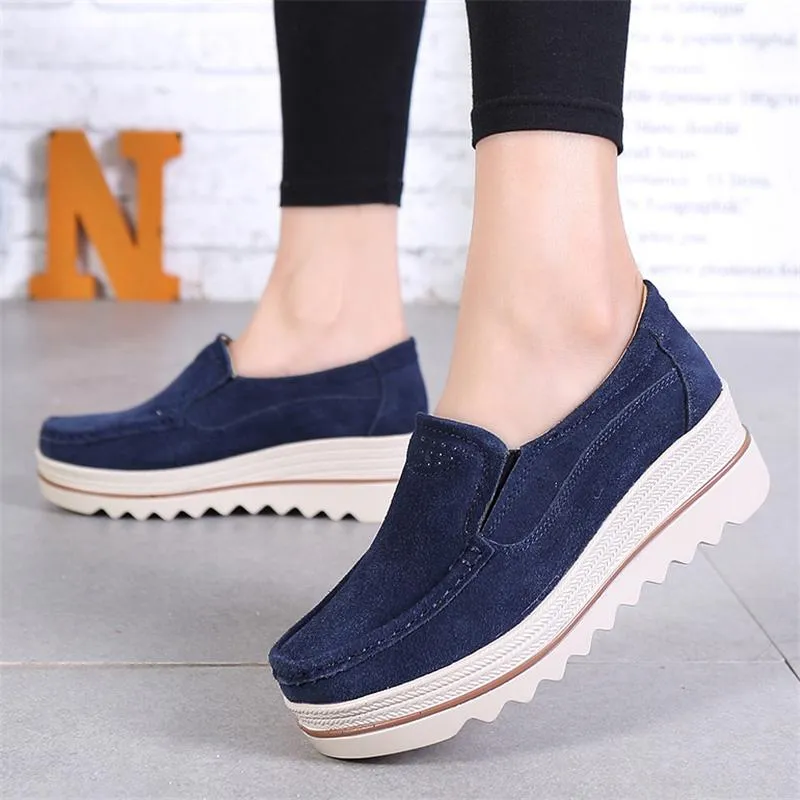 Fur Lining Genuine Leather Thick Sole Wedge Heel Loafers