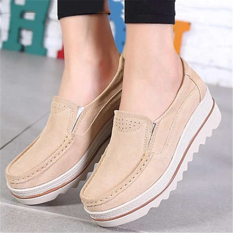 Fur Lining Genuine Leather Thick Sole Wedge Heel Loafers