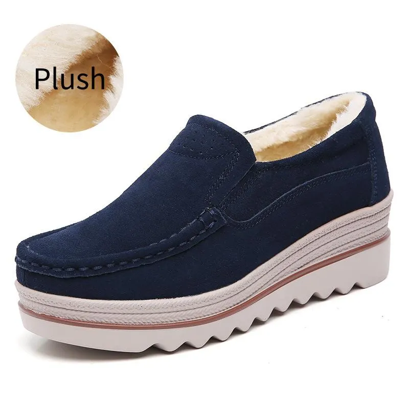 Fur Lining Genuine Leather Thick Sole Wedge Heel Loafers
