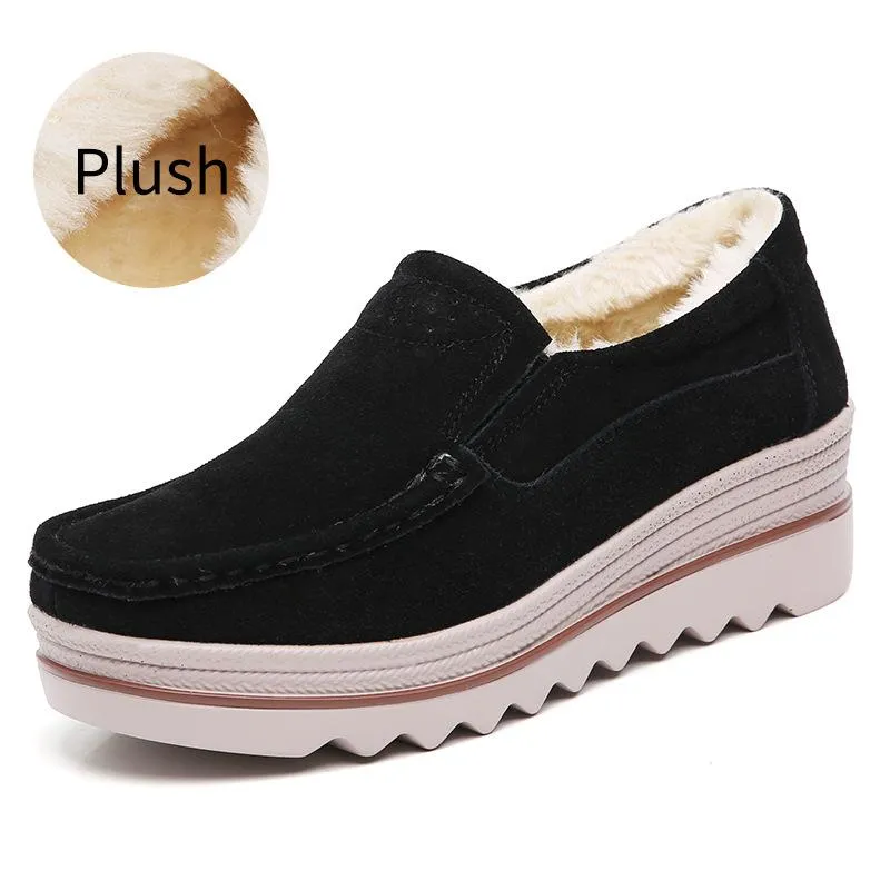 Fur Lining Genuine Leather Thick Sole Wedge Heel Loafers