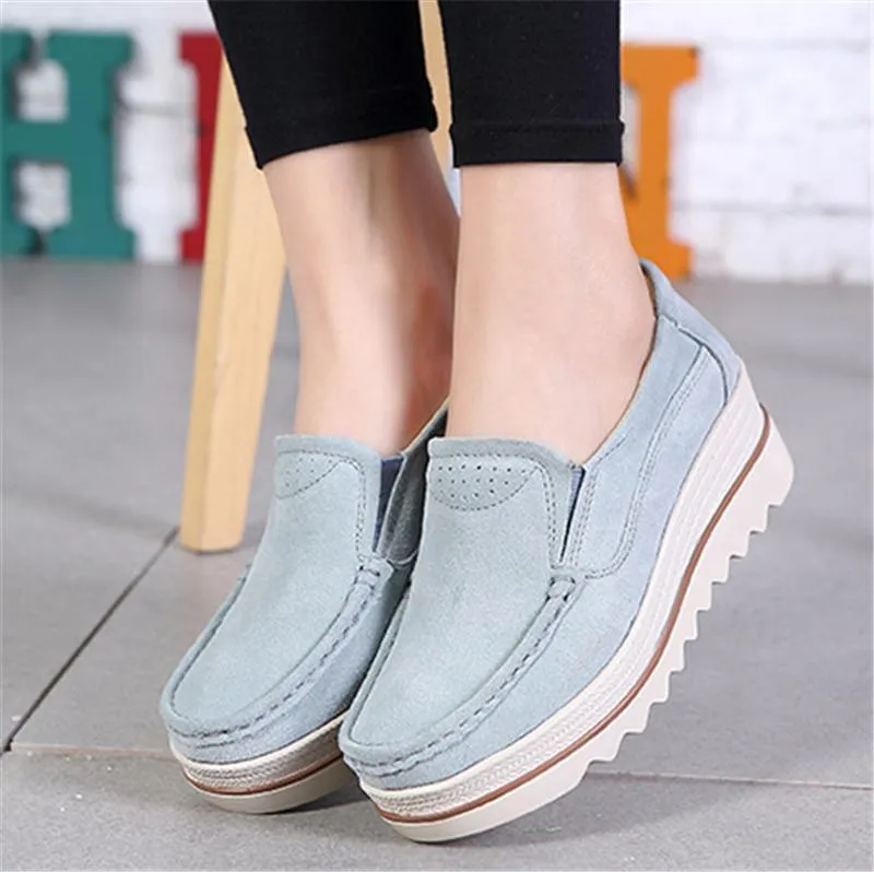 Fur Lining Genuine Leather Thick Sole Wedge Heel Loafers