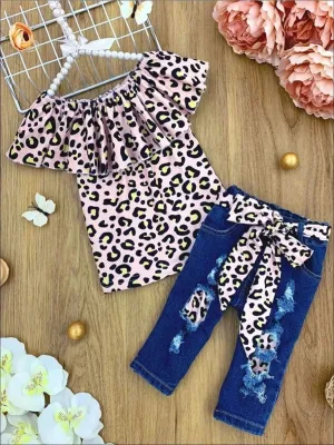 Girls Leopard Ruffle Tunic and Belted Ripped Jeans Set