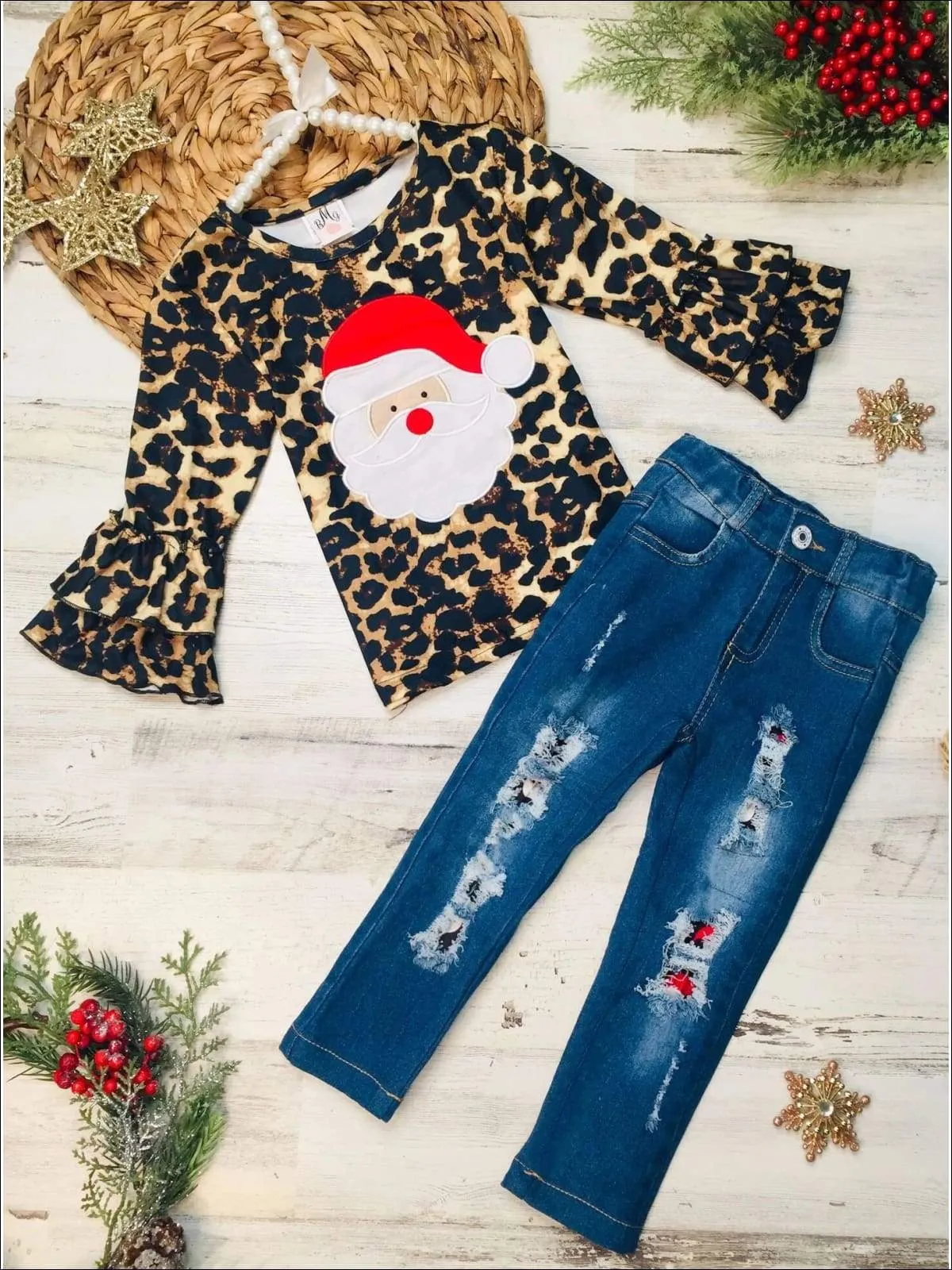 Girls Leopard Santa Ruffled Top and Ripped Jeans Set