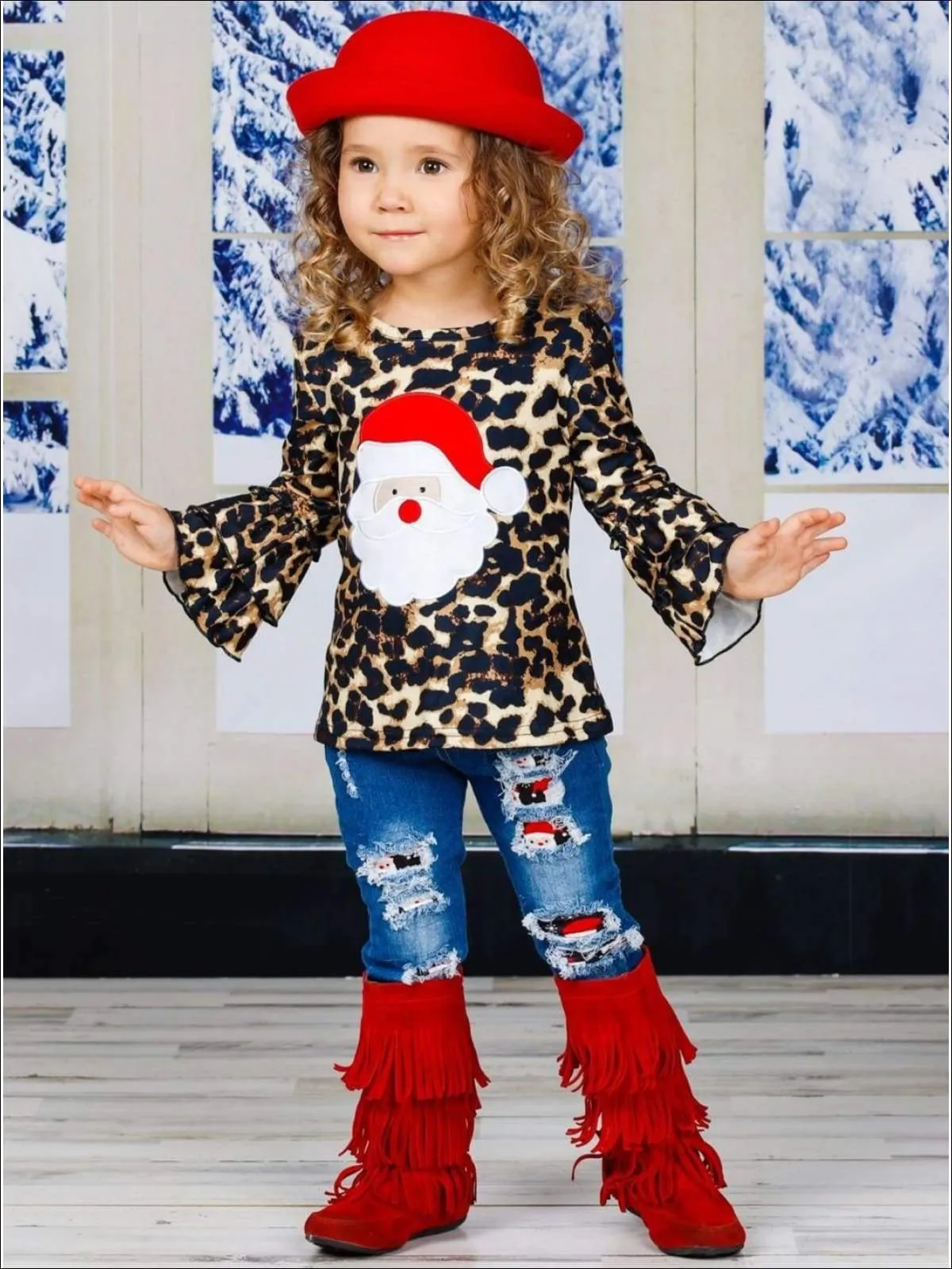 Girls Leopard Santa Ruffled Top and Ripped Jeans Set