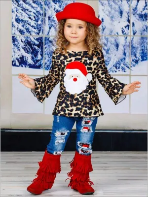 Girls Leopard Santa Ruffled Top and Ripped Jeans Set