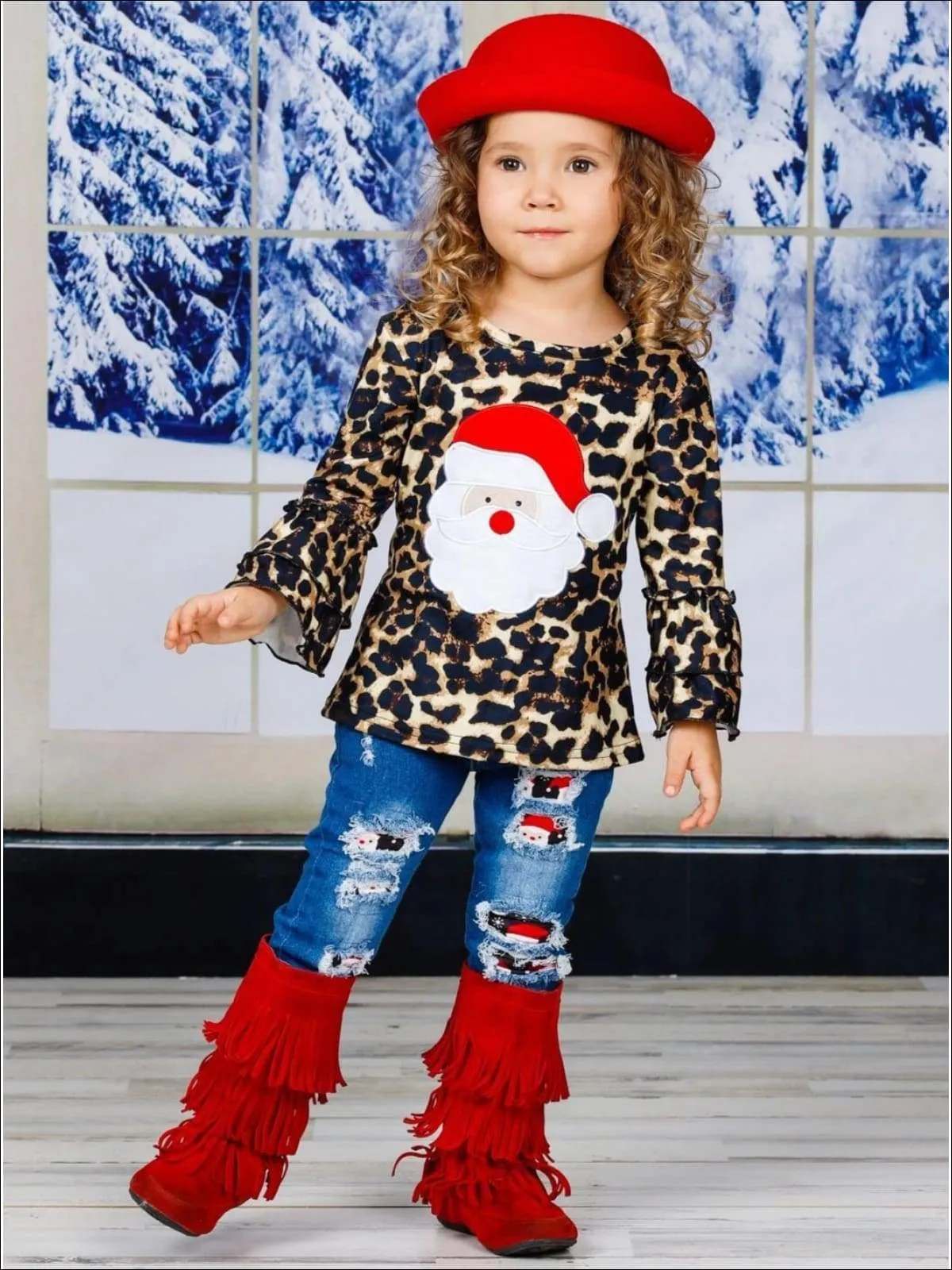 Girls Leopard Santa Ruffled Top and Ripped Jeans Set
