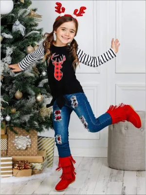Girls Striped Sleeve Plaid Reindeer Knot Top & Ripped Jeans Set