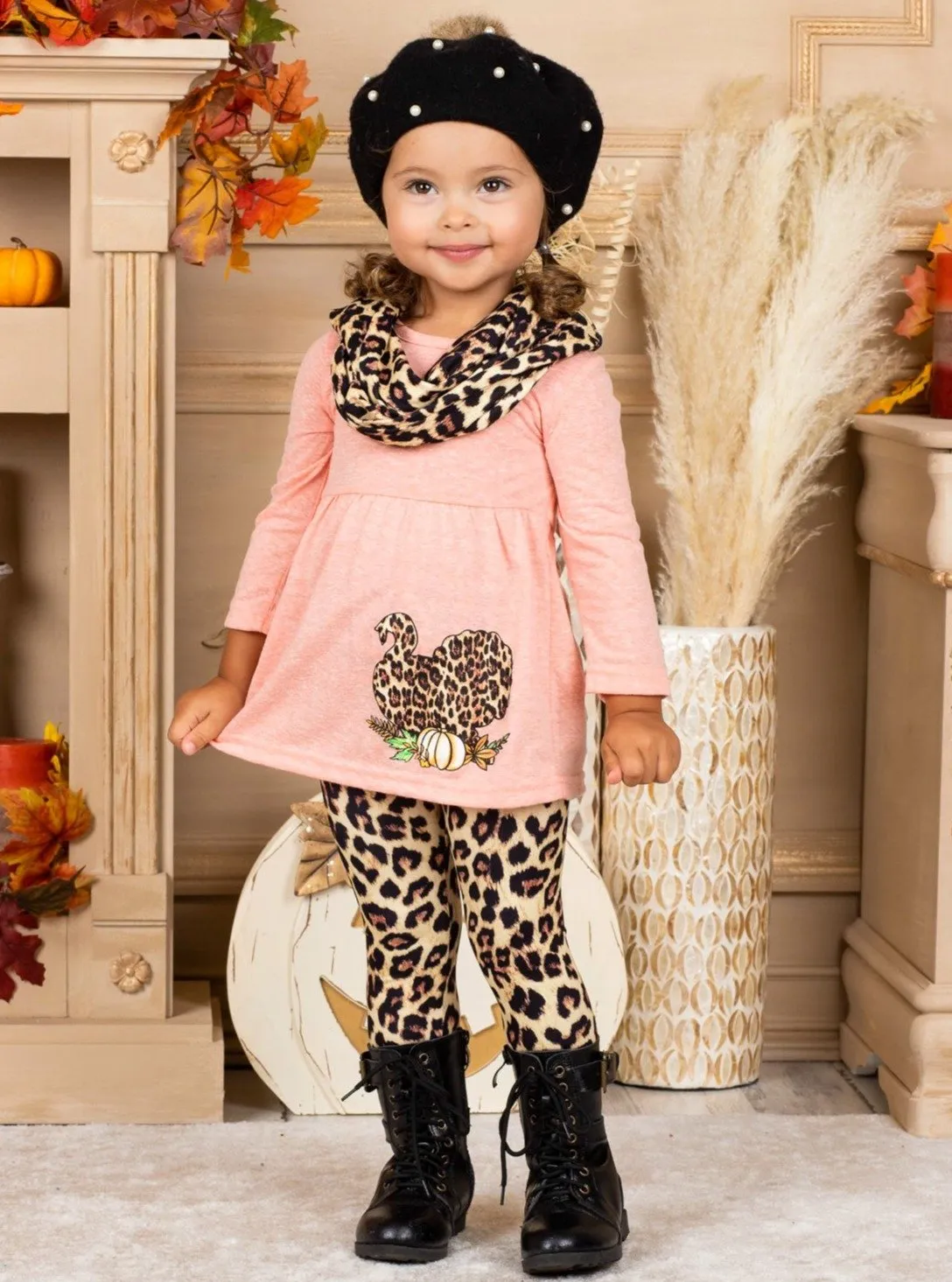 Girls Turkey Long Sleeve Tunic, Animal Print Leggings & Scarf Set
