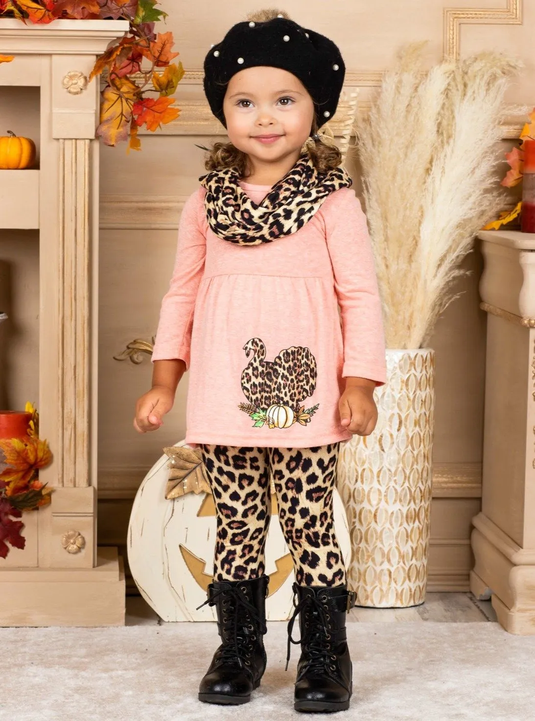 Girls Turkey Long Sleeve Tunic, Animal Print Leggings & Scarf Set