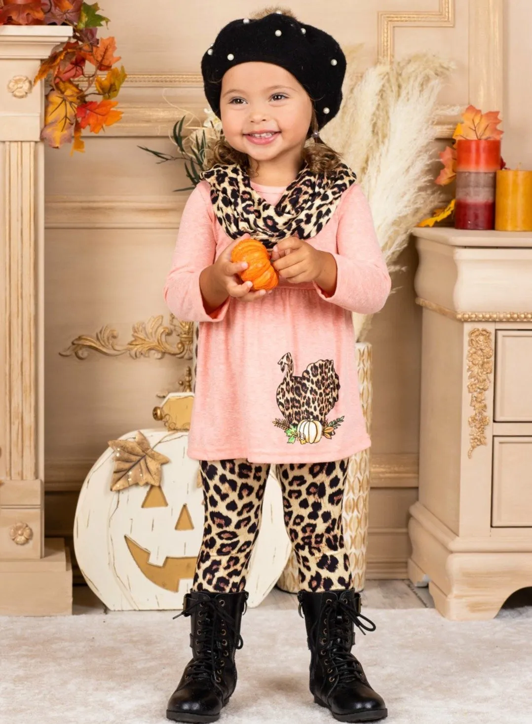 Girls Turkey Long Sleeve Tunic, Animal Print Leggings & Scarf Set