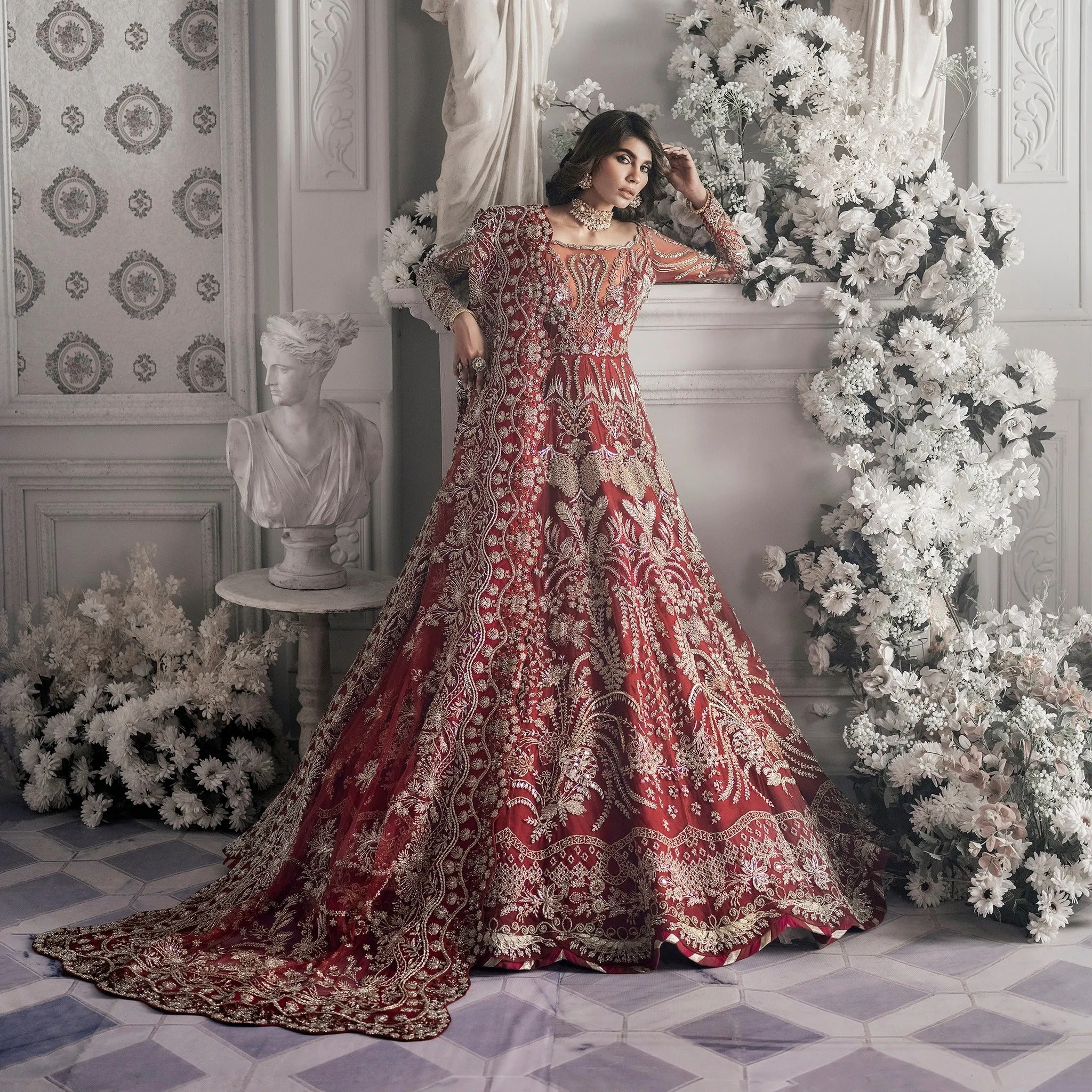 Golden Red Lehenga Gown Dress for Pakistani Bridal Wear