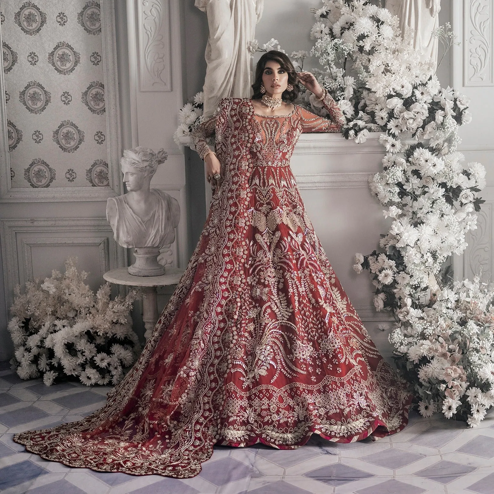 Golden Red Lehenga Gown Dress for Pakistani Bridal Wear
