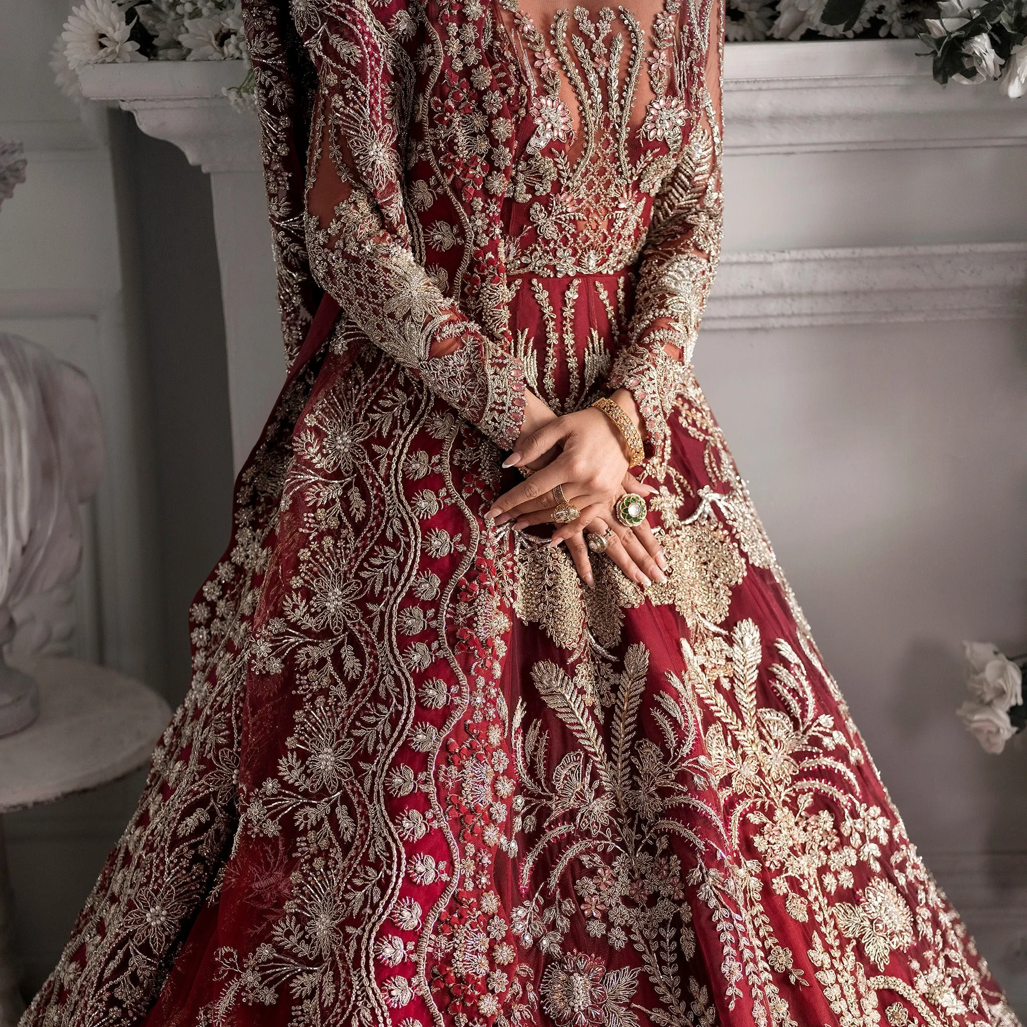Golden Red Lehenga Gown Dress for Pakistani Bridal Wear