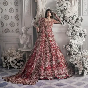 Golden Red Lehenga Gown Dress for Pakistani Bridal Wear