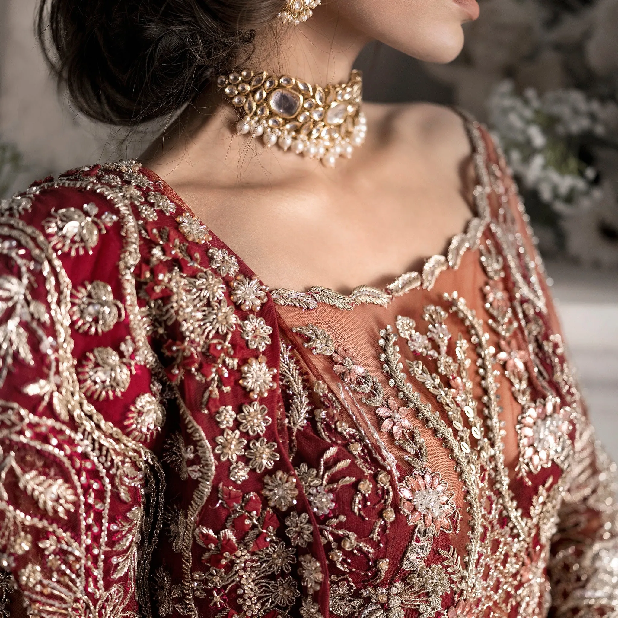 Golden Red Lehenga Gown Dress for Pakistani Bridal Wear
