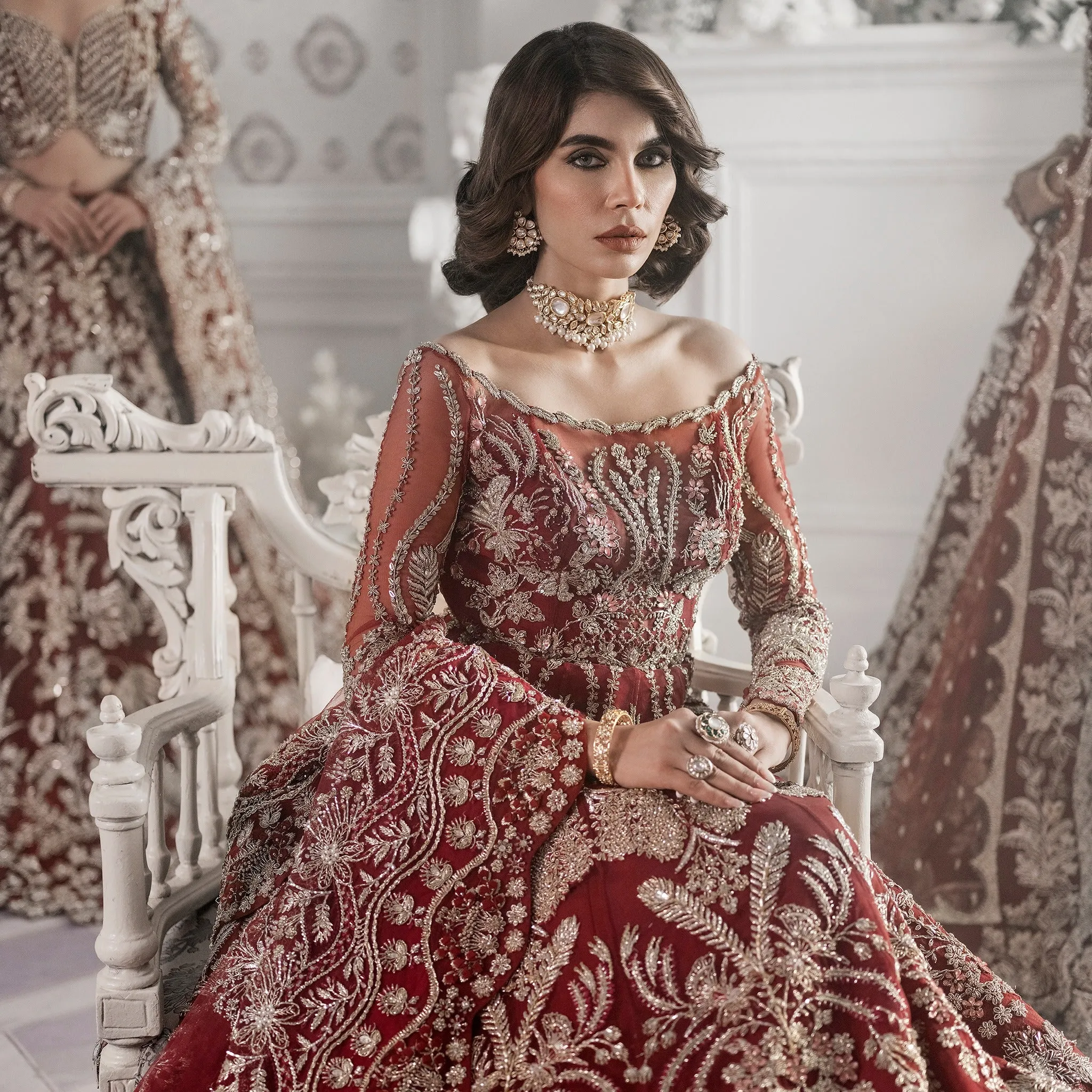 Golden Red Lehenga Gown Dress for Pakistani Bridal Wear