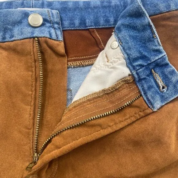 Good American Good Icon Mixed Media Denim and Faux Suede Straight Jeans Sz 10/30