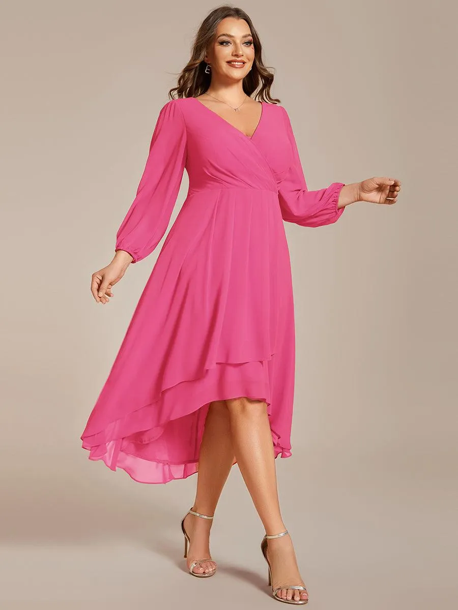 Grande Taille Robe invité de mariage mi-longue manches longues ourlet asymétrique