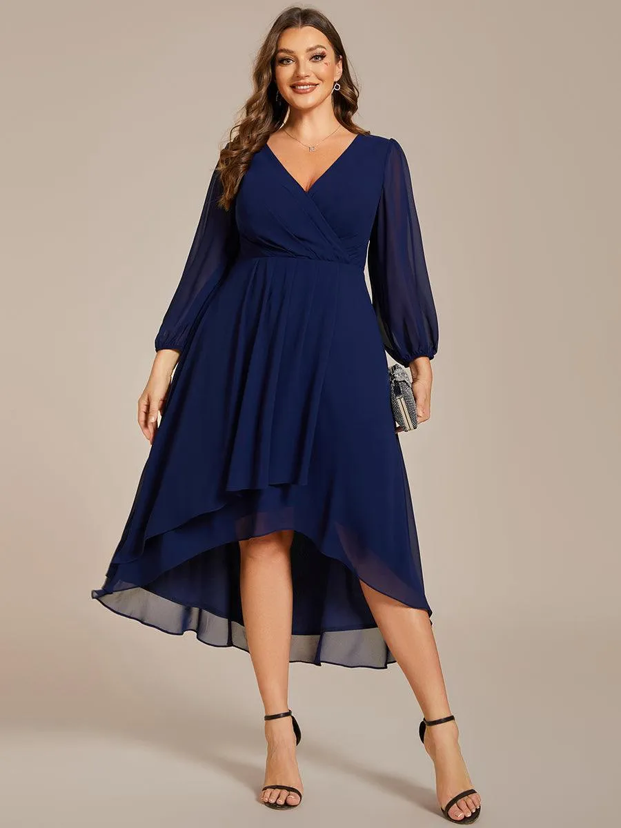 Grande Taille Robe invité de mariage mi-longue manches longues ourlet asymétrique