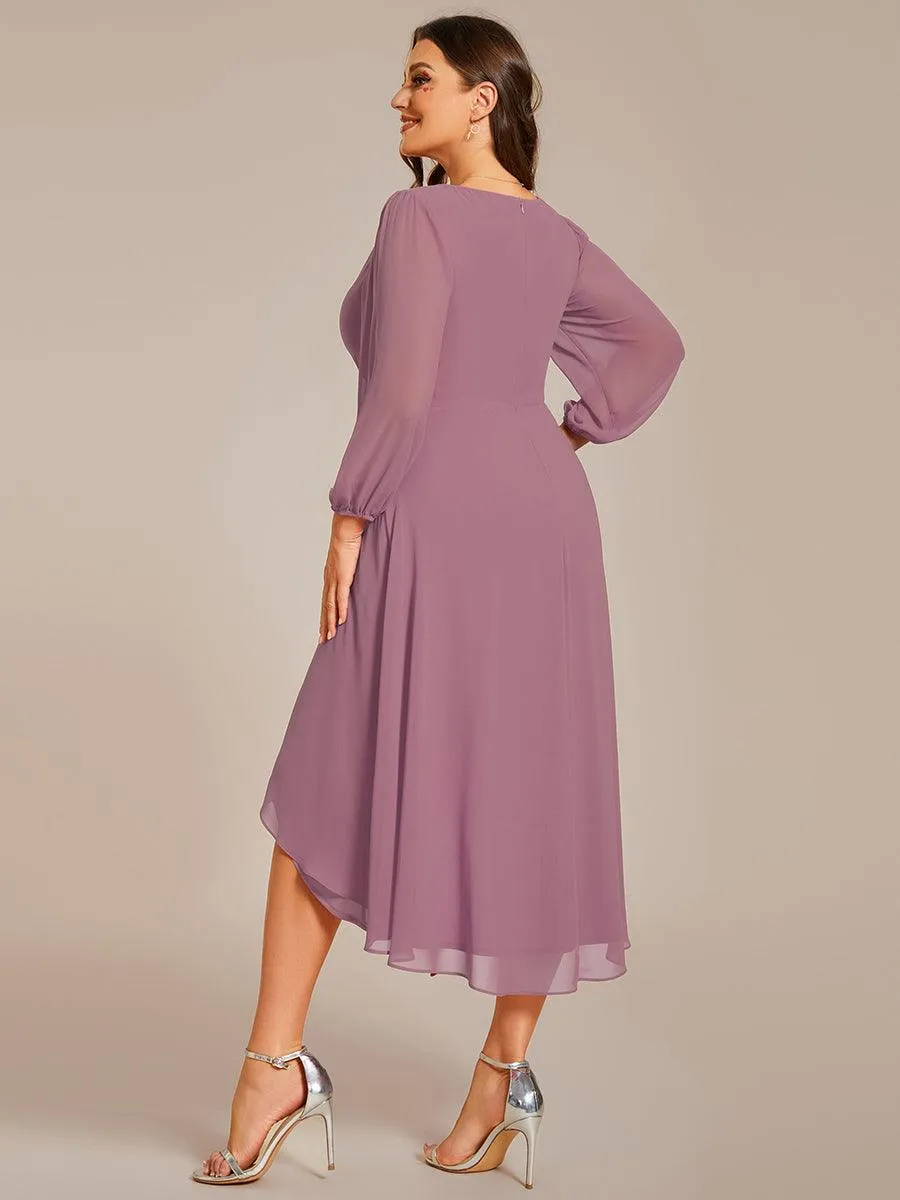 Grande Taille Robe invité de mariage mi-longue manches longues ourlet asymétrique