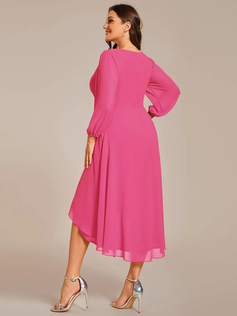 Grande Taille Robe invité de mariage mi-longue manches longues ourlet asymétrique
