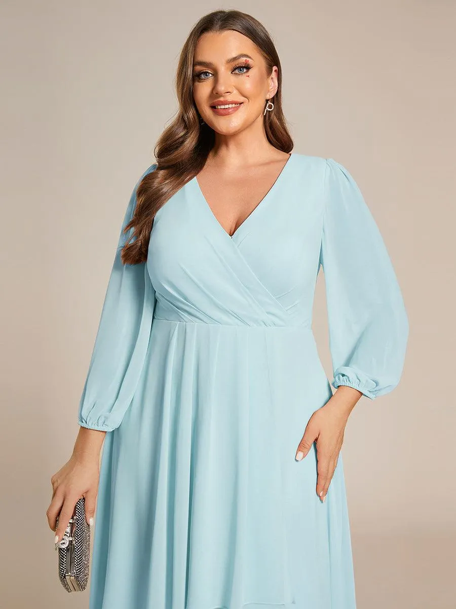 Grande Taille Robe invité de mariage mi-longue manches longues ourlet asymétrique