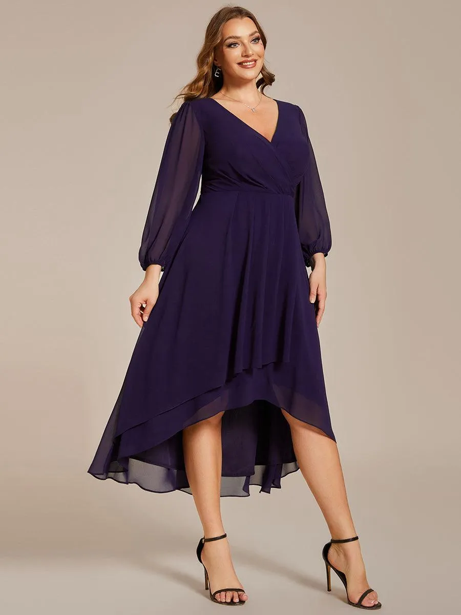 Grande Taille Robe invité de mariage mi-longue manches longues ourlet asymétrique